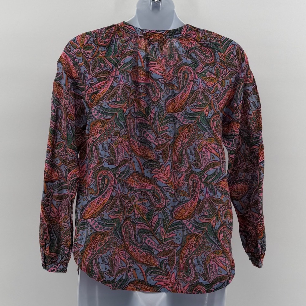 J.Crew Paisley Blouse Womens 0P Petite Pink Blue Split Neck Long Sleeve Top - Picture 2 of 10
